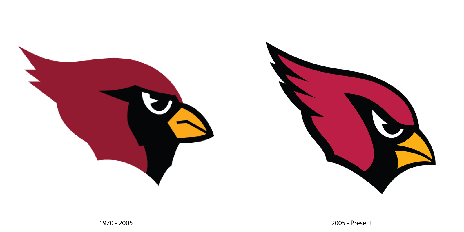 The first Cardinal head design from 1970 vs the modern Cardinal head from 2005